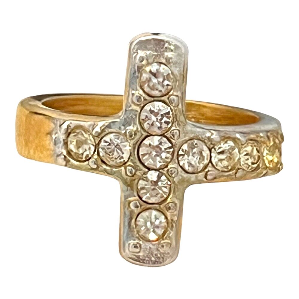 Vintage 1980s 18KT HGE Cross Ring Crystal Accented Gold Tone Size 5 - 4B